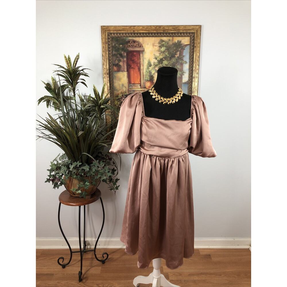 Labiz Woman Dress Puff 1/2‎ Sleeve Babydoll Dress Pink Pleated Square Neck Zip
